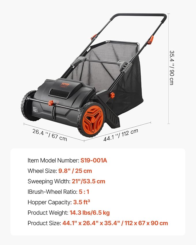 VEVOR Push Lawn Sweeper 21" Leaf & Grass Collector 3.5 cu. ft. Hopper Bag