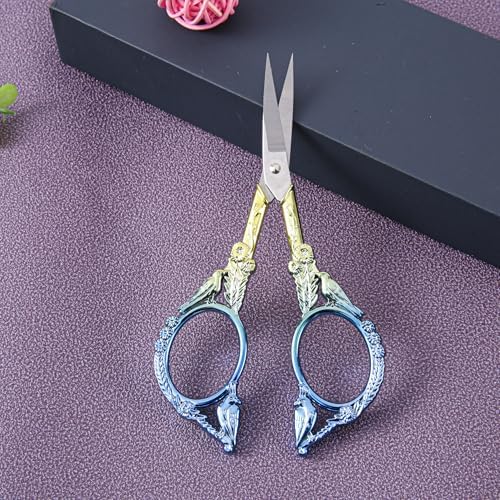 Crochet Scissors with Cover – Blue Gold Vintage Small Embroidery Scissors, Sharp Craft Scissors for Yarn Thread Sewing Needlework, Cute Bird Design Gift for Crocheter Quilter, 4.5 Inch