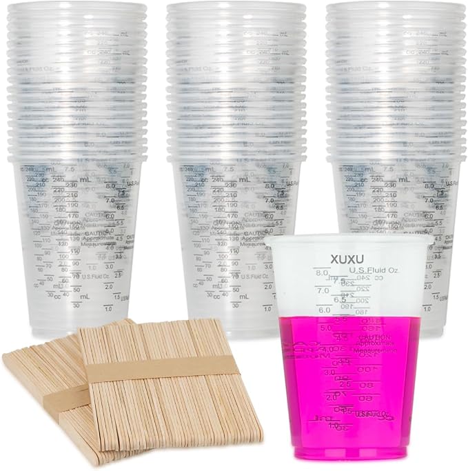 200Pcs 8oz Graduated Clear Plastic Measuring Cups | Disposable Mixing Cups with Wooden Stirring Sticks for Mixing Paint Pigments Epoxy Resins Resins