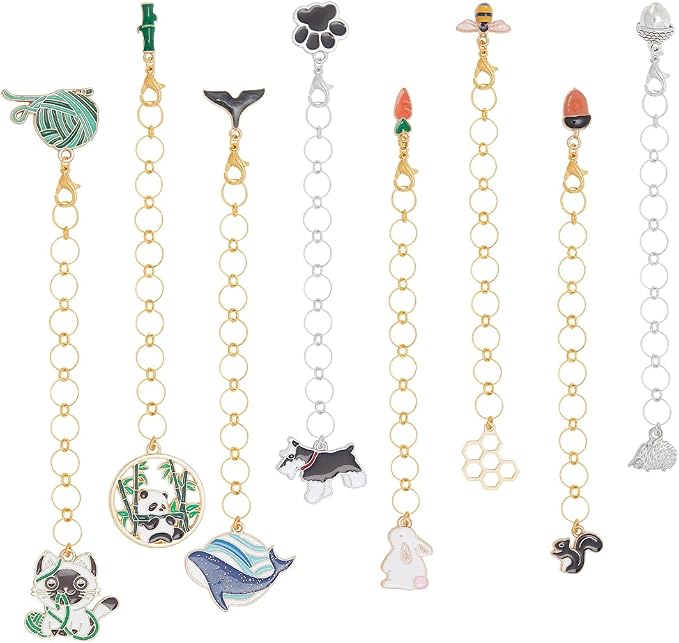 BENECREAT 8Pcs Animal Theme Alloy Enamel Panda/Bees/Dog Pendant Knitting Row Counter Chain, Gold and Silver Color Row Counter for Knitting Weaving Sewing Accessories, 5.5inch Long
