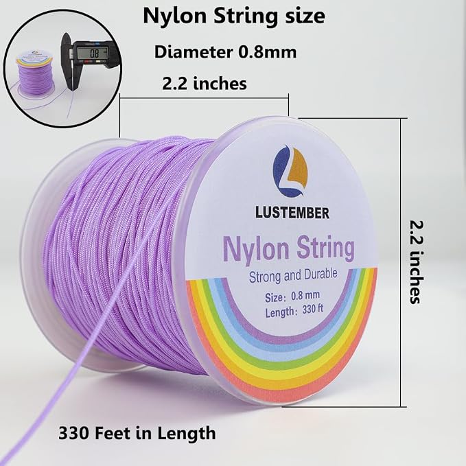 LUSTEMBER 0.8mm Nylon String, Strong Bracelet String, Durable Nylon Cord for Jewelry Making, Bracelets, Beading, Necklaces, Rattail Braiding, Kumihimo, Wind Chimes, Blinds and Handicrafts