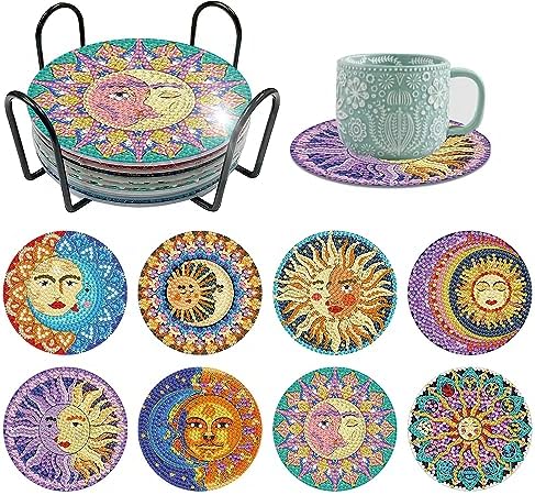8 Pcs Sun and Moon Diamond Art Coasters Kit for Adults with Holder 4x4in