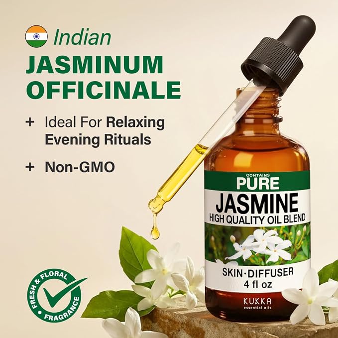 100% Pure Jasmine Essential Oil 4 Fl Oz - Floral Scent for Hair and Skin | Fragrance Oil for Diffuser, Aromatherapy, Massage, Body Perfume - Non-GMO, Indian Jasmine Flowers, Dropper - Kukka