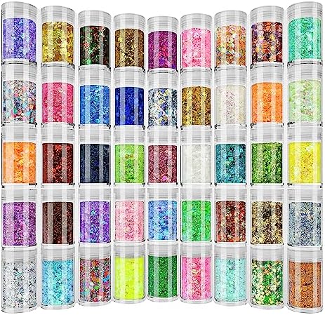 Holographic Chunky and Fine Glitter Mix, 45 Colors Craft Glitter for Epoxy Resin Arts, Iridescent Nail Glitter, Cosmetic Eye Hair Face Body Glitter, Glitter Flakes Sequins for Tumbler Festival Jewelry