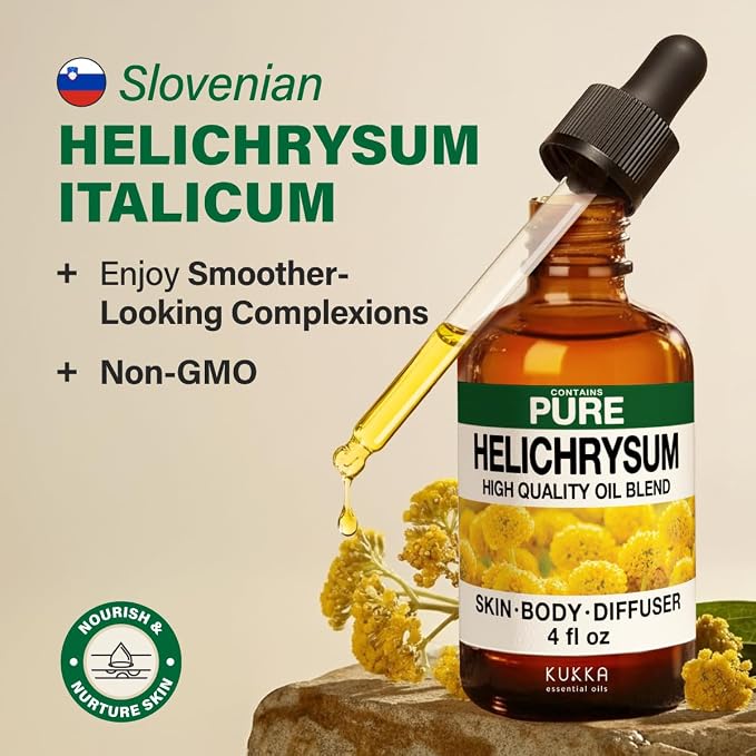 100% Pure Helichrysum Essential Oil 4 Fl Oz for Skin, Hair, Dropper | Slovenian Italicum for Diffuser, Aromatherapy, Body Massage, Skincare Recipes - Non-GMO, Glass Dropper Bottle