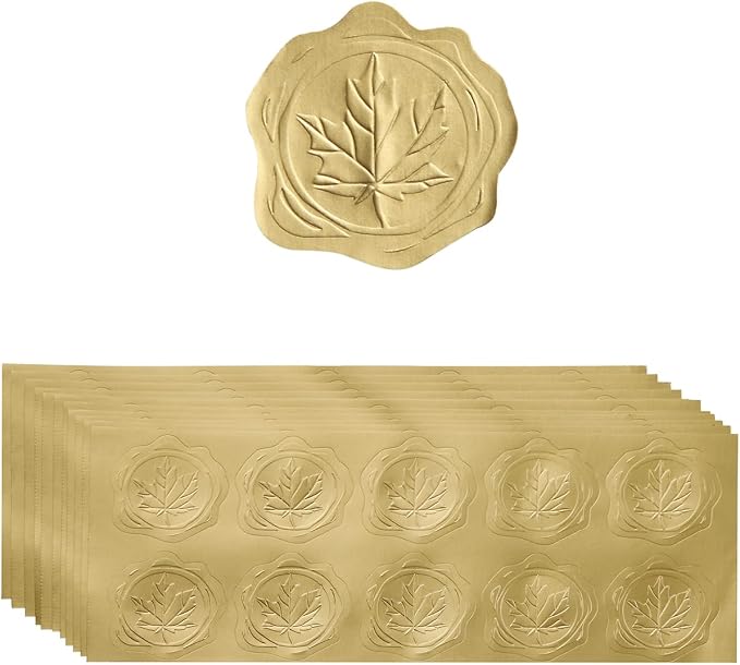 300 Pieces Embossed Gold Foil Stickers, Gold Maple Leaves
