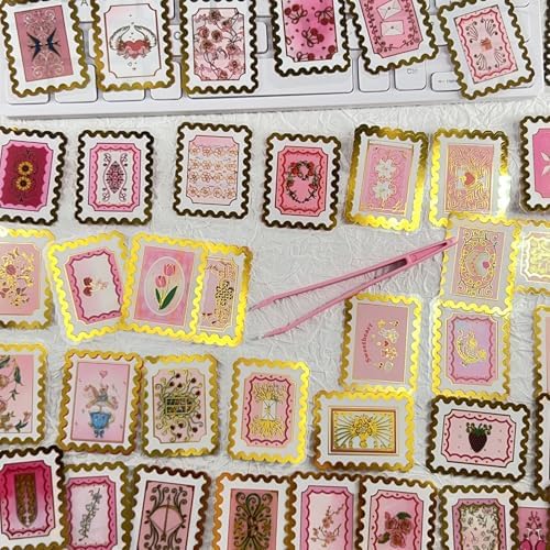 50 PCS Cartoon love stamps Stickers Aesthetic PET Stickers Gold Stamp Decal Waterproof Decorative Decals for Scrapbook DIY Crafts Album Bullet Journal Planner Water Bottles Laptop Phone (Gold stamp-B)