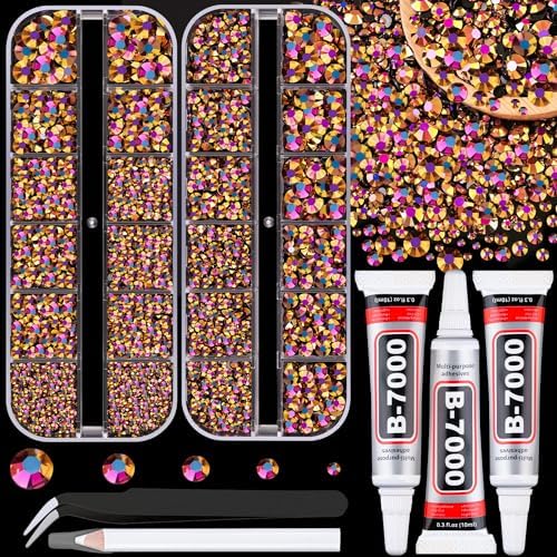Resin Jelly Rhinestones for Crafting with B7000 Jewelry Glue, 2 Boxes Gold Rose AB Flatback Crystals with 3Pcs 10ml Glue, Bedazzling Non Hotfix Gems for DIY Tumblers Clothing Shoes Manicure