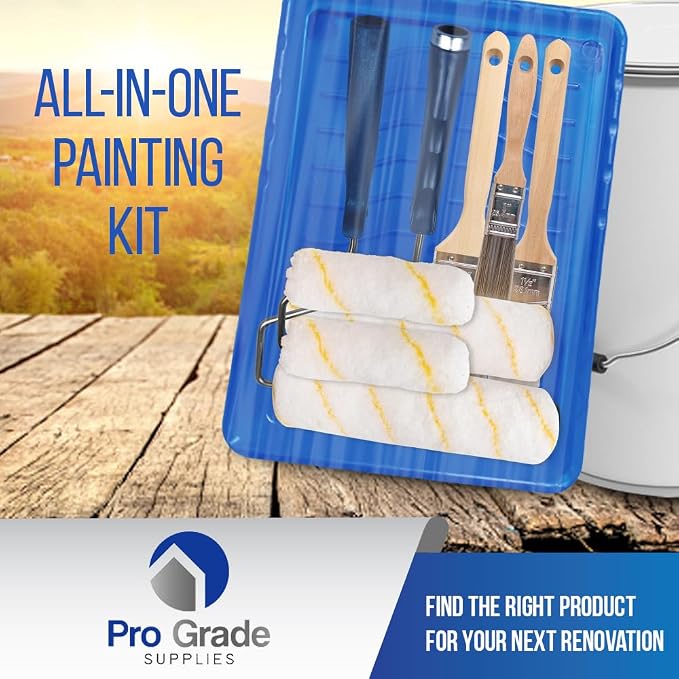 Pro Grade Paint Roller Kit, Paint Brushes, 4" & 9" Roller Covers for Walls | 10-piece set includes 2 frames & tray | Interior & exterior | Ceilings & trim | Smooth to semi-rough surfaces