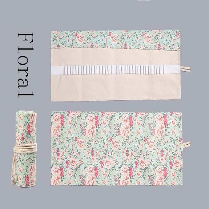 DIYOMR 24/36/72 Slots Pencil Wrap Pencil Rolls, Artist Colored Pencils Roll Up Bag Short Brushes Pouch Case Pencils Organizer for Drawing Coloring and Sketching,No Pencils (Small Floral, 36slots)