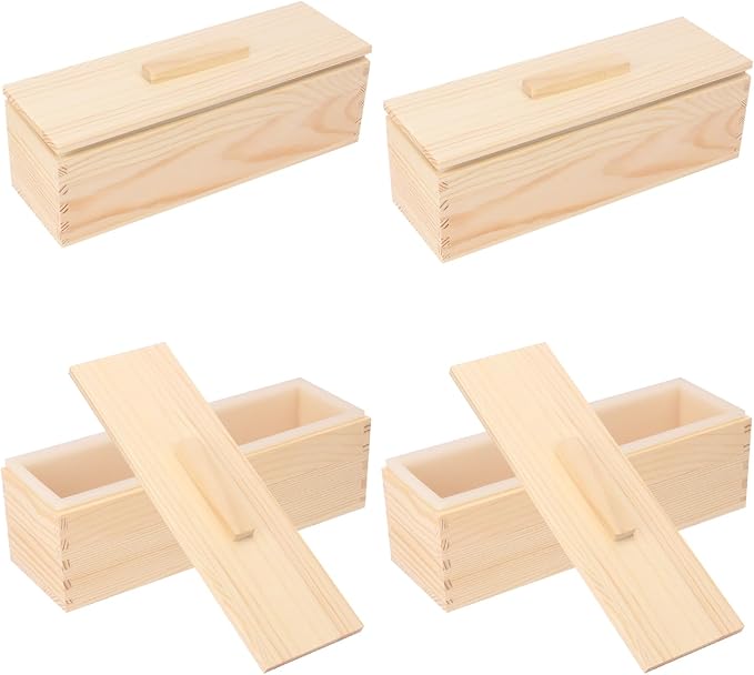 Artisan Soap Loaf Wood Box for Soap Making White 4 Packs 42oz Premium Silicone Loaf Soap moldss with Wooden Box and Lid - Ideal for Large Size Homemade Soaps, Flexible and Heat Resistant