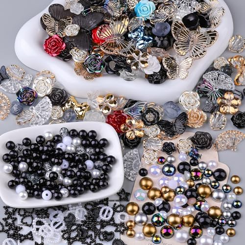 350 Pieces 3D Resin ABS Colorful Rose Flower Bows Butterfly Charms with Flatback Half Round Pearl Beads for Bracelet Earring Necklace Craft DIY Making Supplies