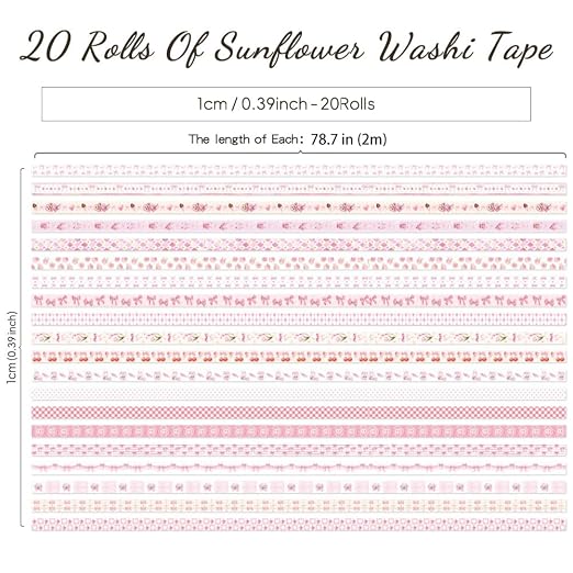 icceemee 20 Rolls Sweet Pink Theme Washi Tape Set with Different Colorful Patterns, Writable Decorative Tapes for Scrapbooking, Junk Journal Supplies, Bullet Journaling, 0.39'' x 79'' per Roll