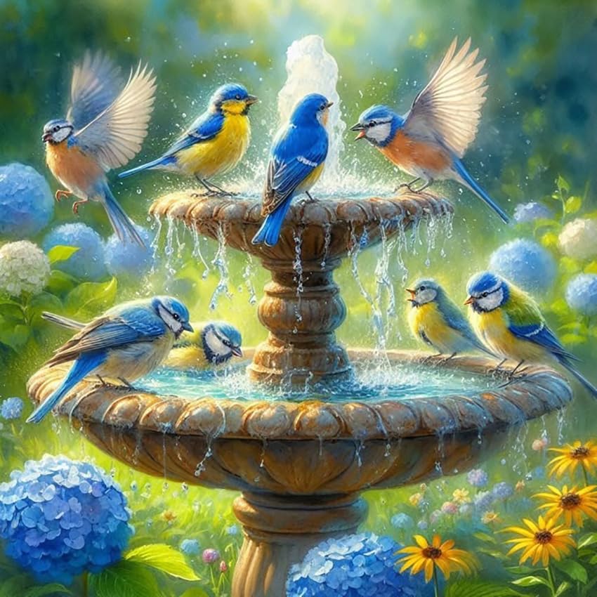 GEWOUVIN Fountain Bird Diamond Art Kits for Adults, Diamond Painting Kit for Beginners, Round 5D DIY Diamond Dots Art,Full Drill Painting Kit Art and Crafts for Adults Home Wall Decor【13.8x13.8inch】