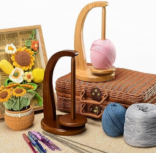 Yarn Holder with 2 Pcs Spindles for Knitting and Crocheting,Crochet Gift for Knitting Lovers,Wooden Yarn Spinner for Crochet by Artowell (Original Bamboo Color)