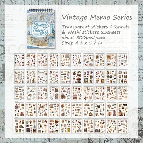 Vintage Stickers Pack, 50 Sheets Over 500 Pcs Art Stickers for Journaling, Scrapbooking Supplies and Junk Journal Bullet Journal Deco & Collage Kit Planner Accessories (Flower)