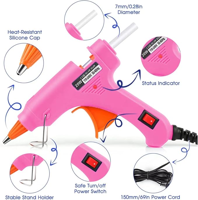 Mini Hot Glue Gun Kit with 10 Sticks 20W Fast Heating Craft Tool - | Quick Melt Set for DIY Art, Home Repair & School Projects. Lightweight, Easy Use. (Pink)