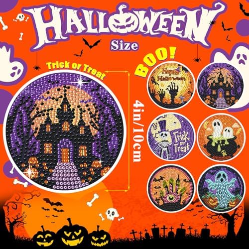 Leatrice 6 PCS Halloween Diamond Art Coasters Kits 4 in Trick or Treat