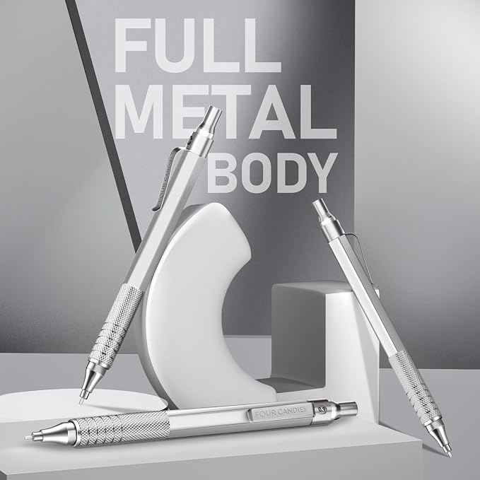 Four Candies Metal Mechanical Pencil Set with Case, 0.9mm, 3-Pack, Silver
