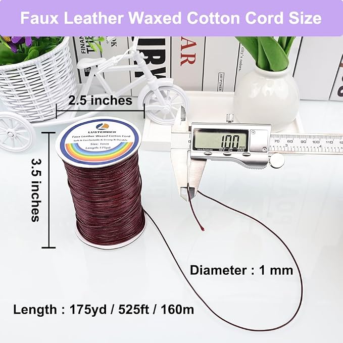 LUSTEMBER 1mm Faux Leather Waxed Cotton Cord, 175 Yards – Durable Necklace String, Soft and Textured Cord for Necklaces, Bracelets, and Jewelry Making