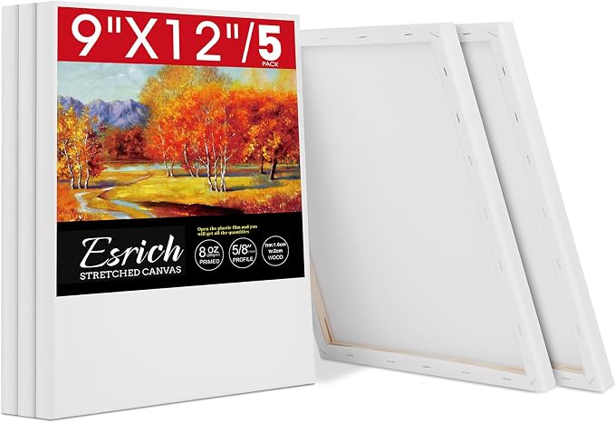 ESRICH Stretched Canvas for Painting, 5 Pack 9x12 Inch Canvas Value Pack,Primed Acid-Free Cotton Blank Canvases, Painting Canvas for Oil & Acrylic Paint.