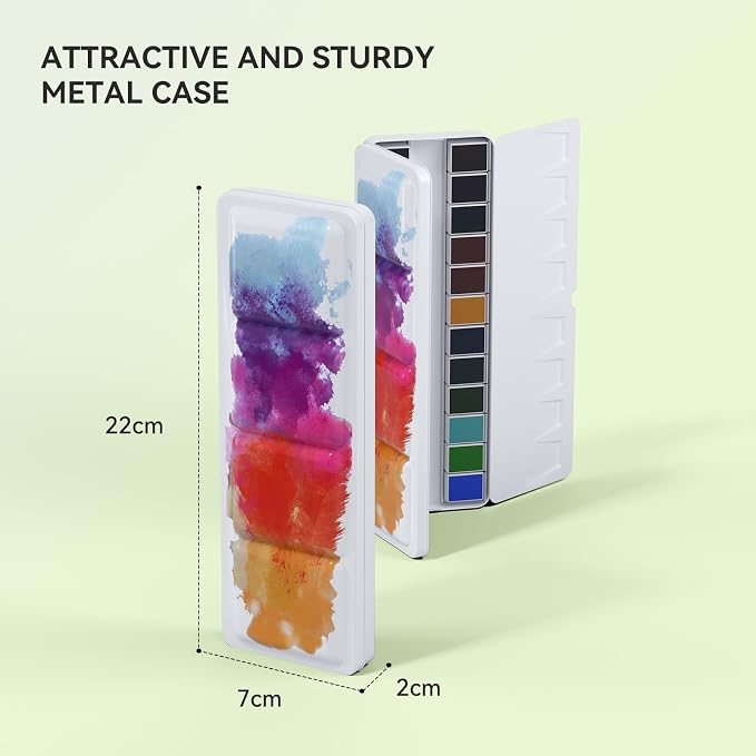 24 Colors Solid Watercolor Paint Set, Vibrant and Highly Pigmented Colors, Removable Pans and Built-in Palette, Portable Metal Case for Students, Beginners, and Outdoor Sketching