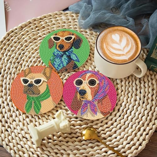 8 Pcs Dog Diamond Painting Coasters Kits with Holder,Dog Wearing Glasses Diamond Art Coasters with Wooden Pad,DIY Round Drill Rhinestone Painting Art Kit Craft for Adults Supplies Gift 4X4 Inch.