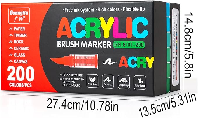 Acrylic Paint Markers, 200 Colors Acrylic Markers Set, Brush Tip