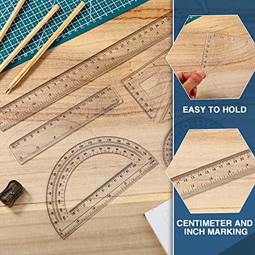 Tenare 6 Pcs Math Geometry Ruler Set, Protractor Triangle School,Clear
