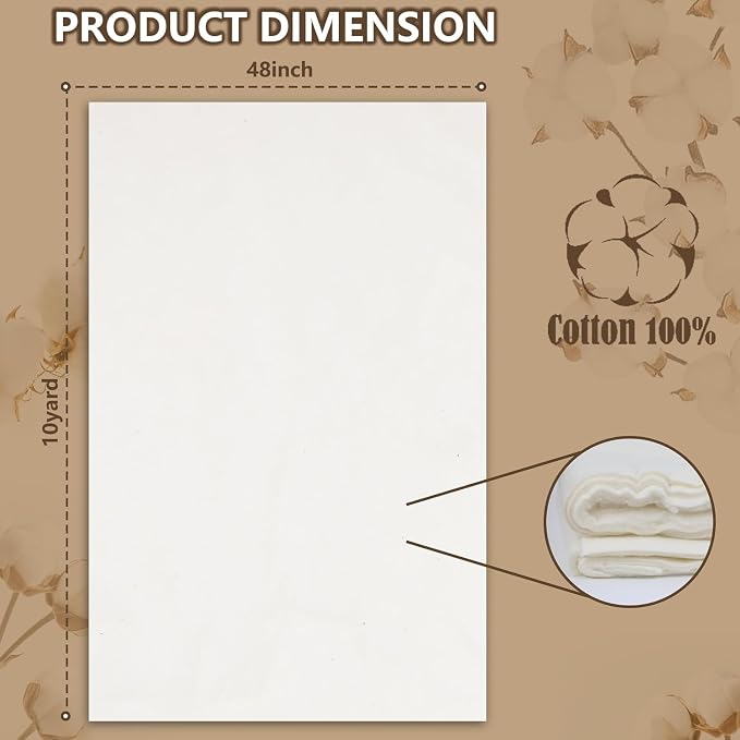 RRKTP Natural Cotton Batting for Quilting,48" x 10 Yards Batting for Quilts, Microwave Safe for Bowl Cozies,Cotton Lightweight Lining for Potholders Quilting, Batting for Sewing Handmade Quilts&DIY