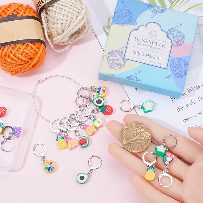 SUNNYCLUE 1 Box 40Pcs Stitch Markers Locking Crocheting Markers Knitting Fruit Polymer Clay Beads Removable Clip on Charm Leverback Clasps Crochet Stitch Marker for Yarns Knit Crocheting Sewing Adult