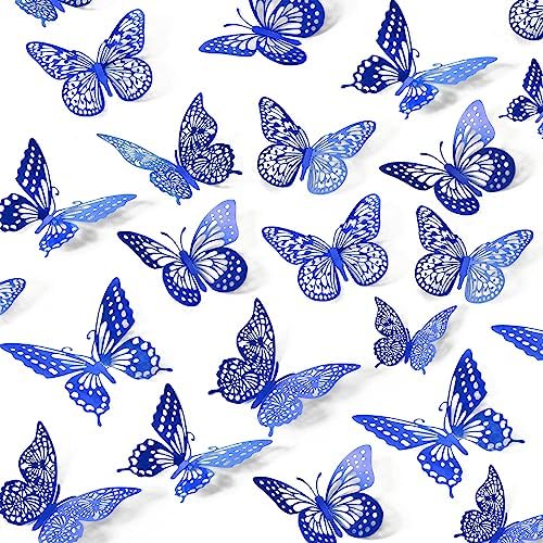 SAOROPEB Butterfly Wall Stickers, 48 Pcs 4 Styles 3 Sizes, Metallic Paper, Removable, Navy Blue, Art Deco Decor for Wall | 4 Styles 3 Sizes, Butterfly Birthday Decorations Butterfly Party Decorations Cake Decorations, Removable Stickers