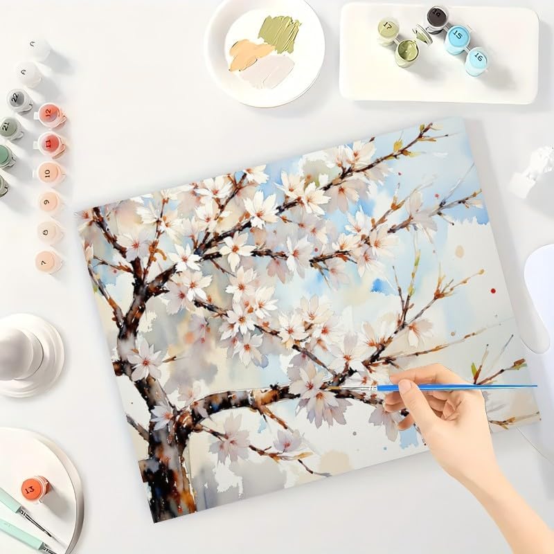 Cherry Blossom Tree Paint by Numbers Kit for Adults - DIY Spring Flowers on Branches Painting on Canvas 16x20 Inches, Acrylic Paint Set,Suitable for Beginners,Floral Art for Decoration/Gifts