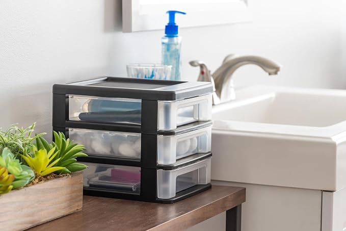 IRIS USA 2-Pack, 3-Drawer Small Plastic Stacking Desktop Organizer, Black