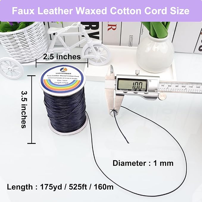 LUSTEMBER 1mm Faux Leather Waxed Cotton Cord, 175 Yards – Durable Necklace String, Soft and Textured Cord for Necklaces, Bracelets, and Jewelry Making