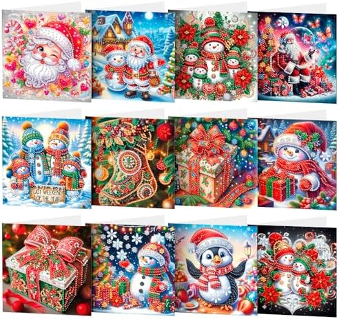 Diamond Art Painting Christmas Cards, 12 Pack DIY 5D Diamond Greeting Cards Kits for Adults Diamond Xmas Greeting Cards with Envelopes Gem Christmas Gifts for Families, Friends, Partners