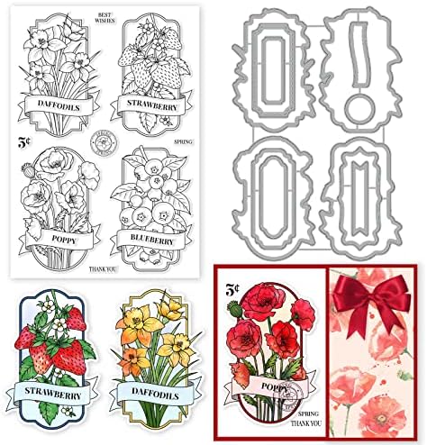 INFUNLY Spring Flower Clear Stamps and Dies Set Strawberry Fruits Floral Transparent Silicone Stamps Label Cutting Die for Card Making DIY Craft Scrapbooking Christmas Greeting Card Decor