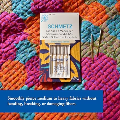 SCHMETZ Gold Embroidery Sewing Machine Needles - Titanium Coated for Smooth Stitching, Size 90/14, 5-Needle Cards, Pack of 1