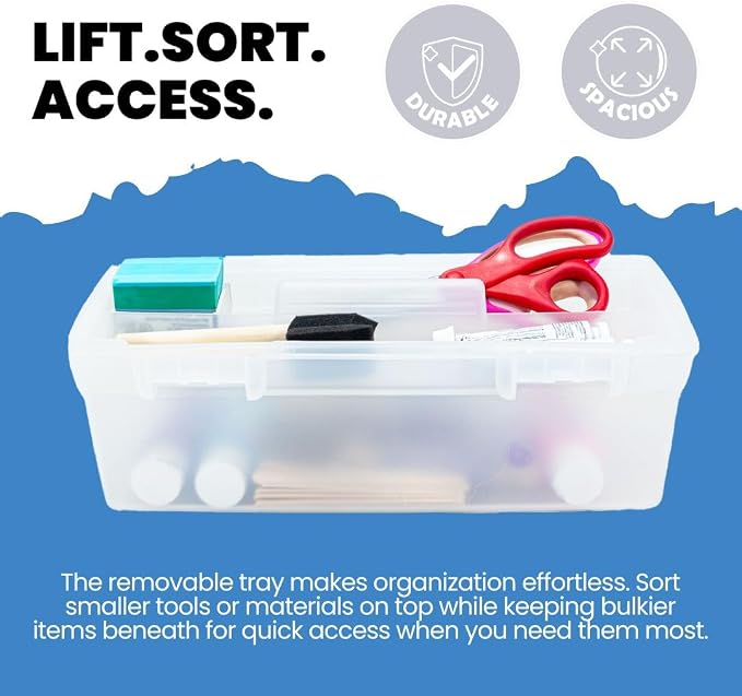 ArtBin 6937AG Essentials Lift-Out Tray Box, Portable Art & Craft Organizer with Handle and Tray, Clear/Aqua, Pack of 6