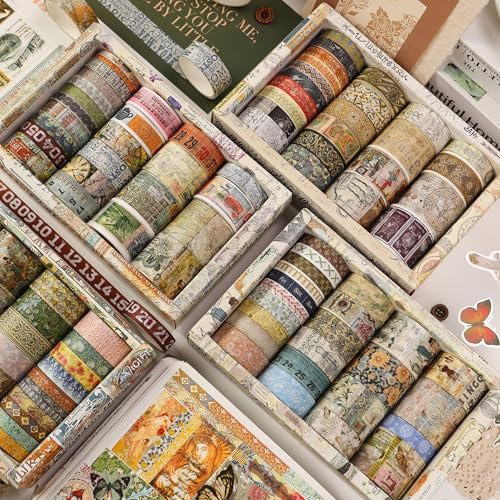 Vintage Washi Tape Set - 24 Rolls Arts Adhesive Tapes Assorted Retro Decorative Masking Tape Sets for Craft, Kids, Scrapbook, DIY, Gift Wrapping (8-Sea Treasures)