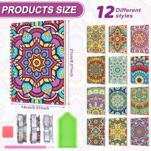 Fullhawl 12 Pack 5D DIY Diamond Art Crafts Kit for Adults Office Supplies Beginner A5 Leather Diamond Painting Gift for Women Art Cover Craft Accessories with Tool (Mandala)