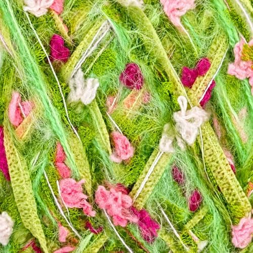 Soft Fancy Yarn for Crochet and Knitting, Novelty Art Yarn for DIY Crafts, Textured Decorative Yarn for Weaving, Handmade Projects and Home Decor (Green Blush)