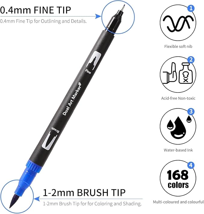 168 Colors Dual Tip Watercolor Markers Pens for School Supplies-Brush&Fine | Coloring Markers No Bleeding for Adult Coloring Books Calligraphy Card Making Sketching Journaling Note Taking Planner Travel