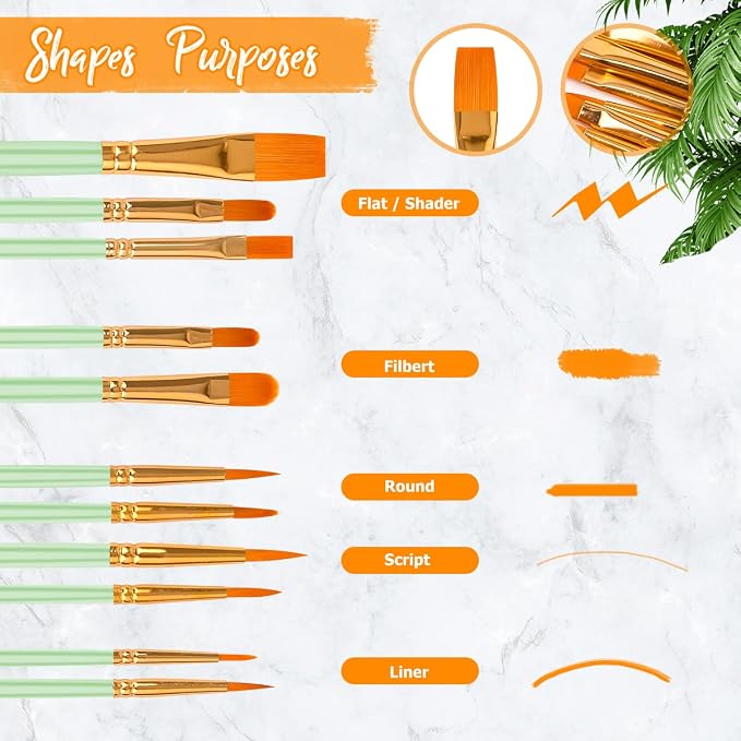 Soucolor Watercolor Paint Brushes Set, 40 Pcs Pointed Tip Painting Supplies | Acrylic Painting Oil Watercolor Halloween Pumpkin Ceramic Crafts Supplies Rock Body Face Nail Art, Mint Green
