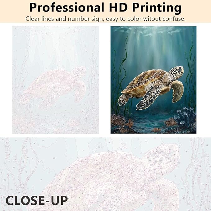 TUMOVO Painting by Numbers Canvas, Adult Paint by Number - Sea Turtle Swimming in a Vibrant Coral Reef Ocean, Underwater Marine Life Art, Paint by Numbers Kit for Adults, 16x20 Inch(Framed)