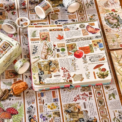 18 Rolls Vintage Washi Tape Pack Retro Arts Adhesive Tapes Wide Monologue Decorative Masking Tape Sets for Craft, Kids, Scrapbook, DIY, Gift Wrapping (Misty Forests)