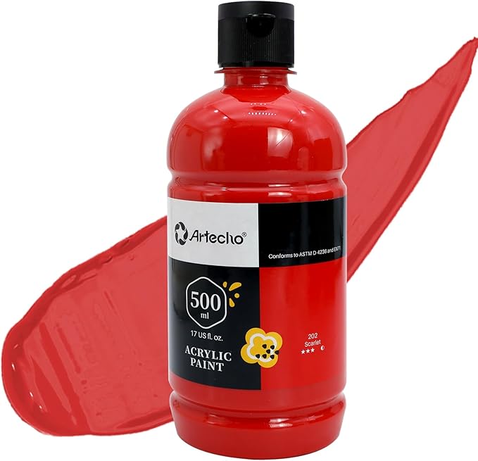 Artecho Scarlet Red Acrylic Paint 500ml / 17oz Large Bottle