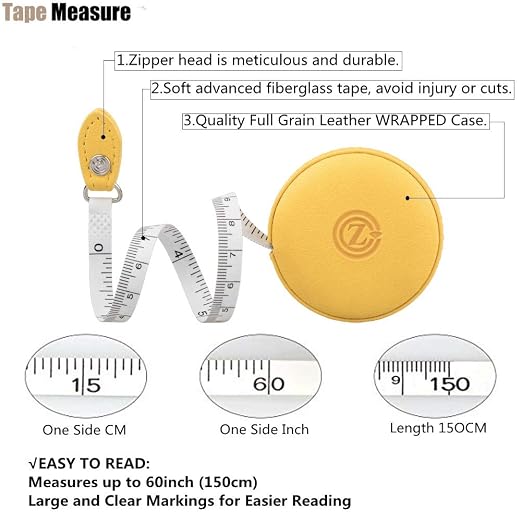 Sewing Tape Measure, Medical Body Cloth Tailor Craft Dieting Measuring Tape, 60 Inch/1.5M Dual Sided Retractable Ruler with Push Button Round(1 Pack, Yellow)
