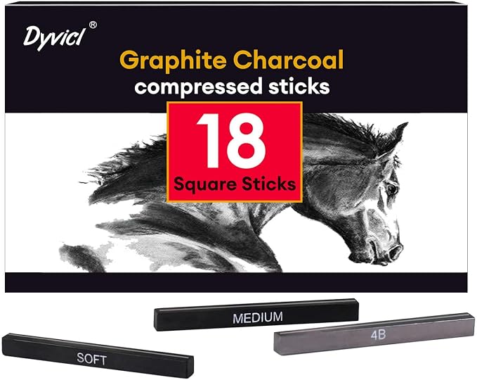 Dyvicl Compressed Graphite Charcoal Sticks, Black White Charcoal for Drawing, Sketching, Shading, Blending, Pack of 18 Charcoal Drawing Set for Beginners, Artists