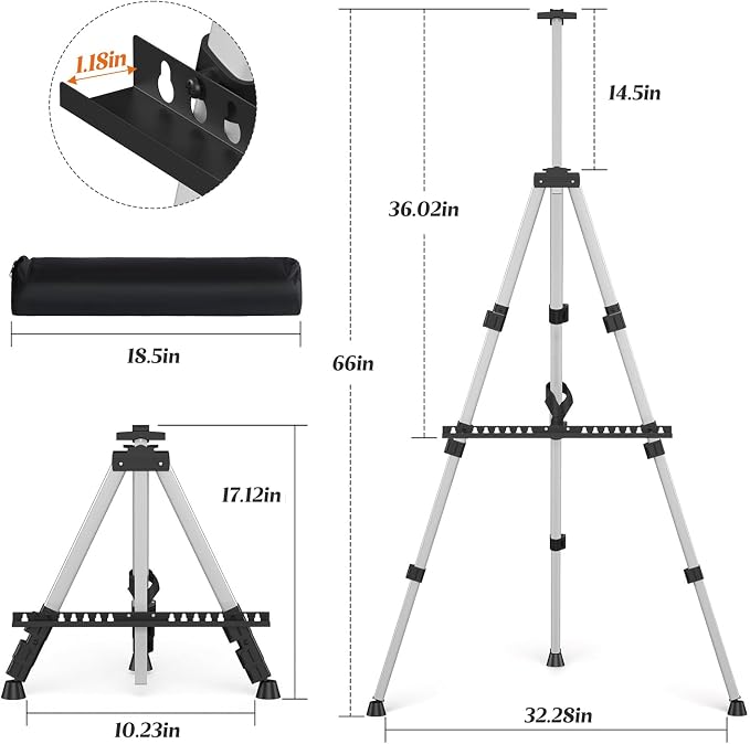 Art Painting Easel Stand, Adjustable Display Tripod Artist Floor Sign Easel | Portable 66 inches Aluminum Metal Silver Stand with 1 Bag for Table-top/Floor Drawing, Sturdy for Canvases Displaying